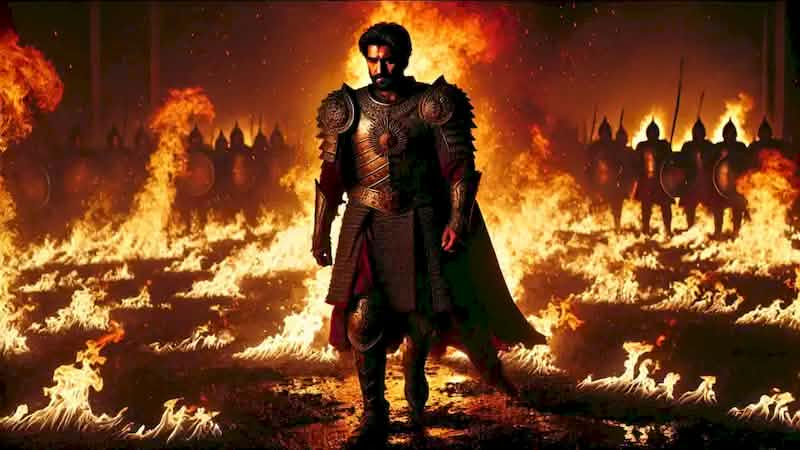 King Rostam walks through a field of fire, surrounded by intense flames during the Trial of Fire, determined yet in pain.