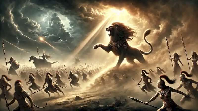 Bastet in lioness form leads her armies against Set’s forces in a chaotic battle under Ra's light.