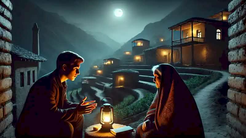 A nighttime village scene with a historian sharing his findings with an elderly woman by lantern light.