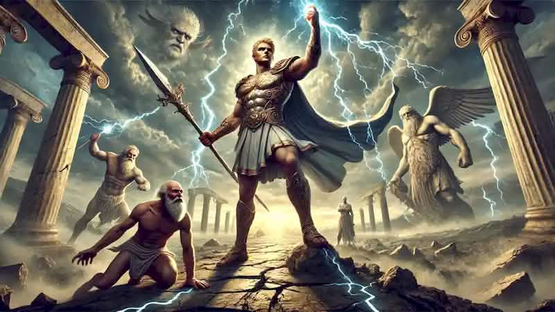 Zeus holds his thunderbolt high after defeating the Titans, with stormy skies and the Titans cast into Tartarus.