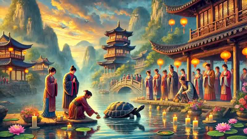 Villagers honoring the Black Tortoise with offerings by a riverside.