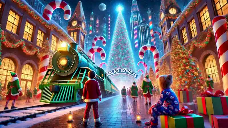 The Polar Express arrives at the North Pole, revealing a glowing station filled with elves, candy canes, and a Christmas tree.