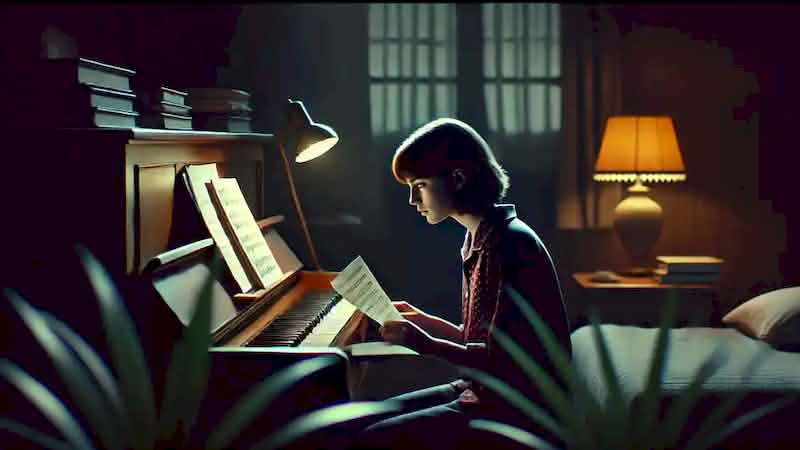 Frances sits alone in her bedroom, staring at sheet music, her face showing frustration and emotional turmoil.