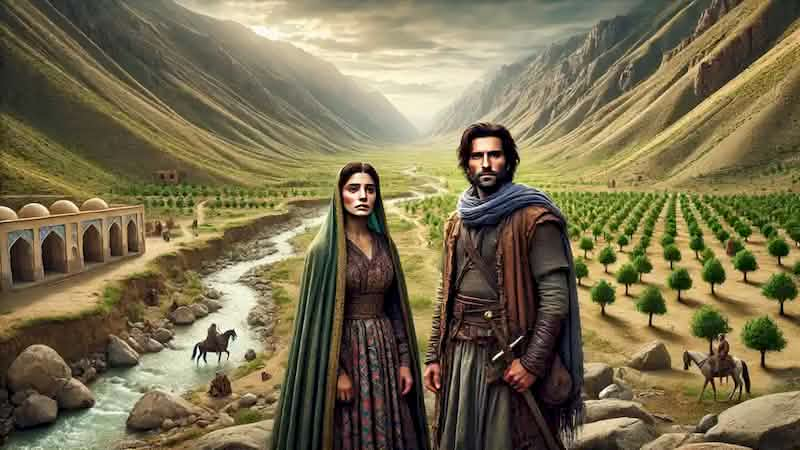 Shirin and Arash in a drying valley with barren orchards, preparing to confront the curse threatening their homeland.