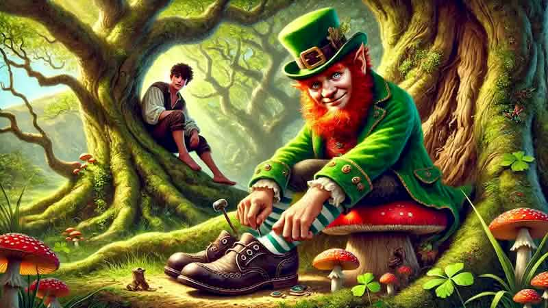 A leprechaun cobbler on a toadstool under an oak tree, working on a shoe as Finn watches from behind a tree