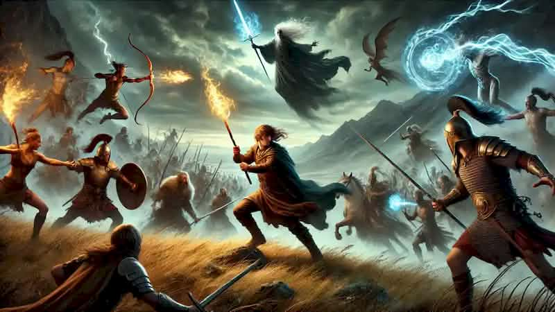 Finn MacCool leads the Fianna in a battle against a sorcerer, wielding a glowing spear amidst a chaotic, stormy battlefield.