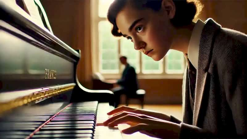 Frances plays piano with tension in her fingers as her teacher observes quietly, conveying her inner struggle.