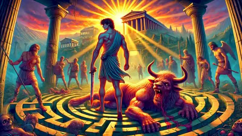 Theseus emerging victorious from the Labyrinth at sunrise, with the defeated Minotaur in the shadows and youths behind him.