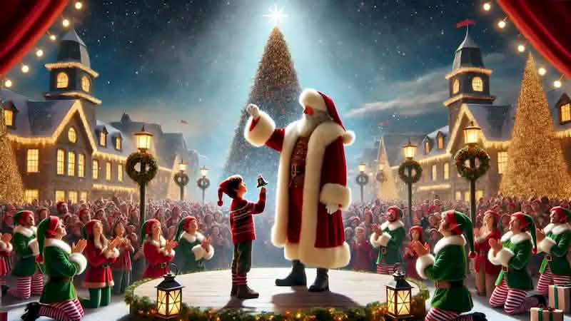 Santa Claus hands the first gift of Christmas, a silver bell, to an awestruck boy in a festive North Pole plaza.