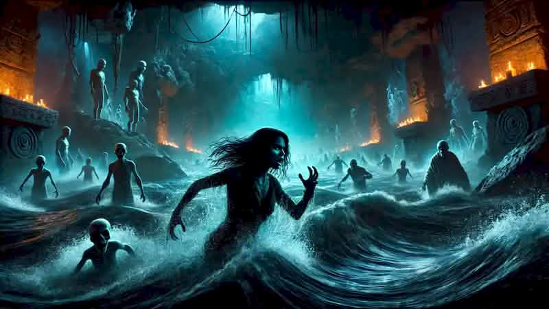 Ixchel struggles in the swirling waters of Xibalba's river, surrounded by ghostly figures, including her spectral family.