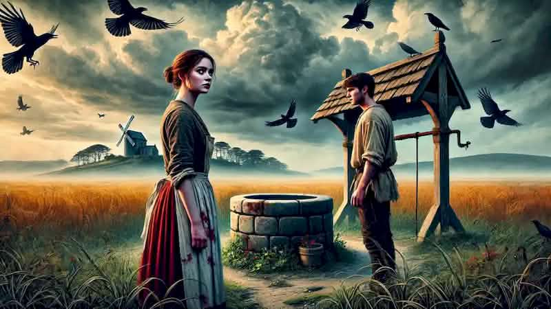 Brigid and Darragh stand by a well, surrounded by misty fields under an ominous sky filled with circling crows.