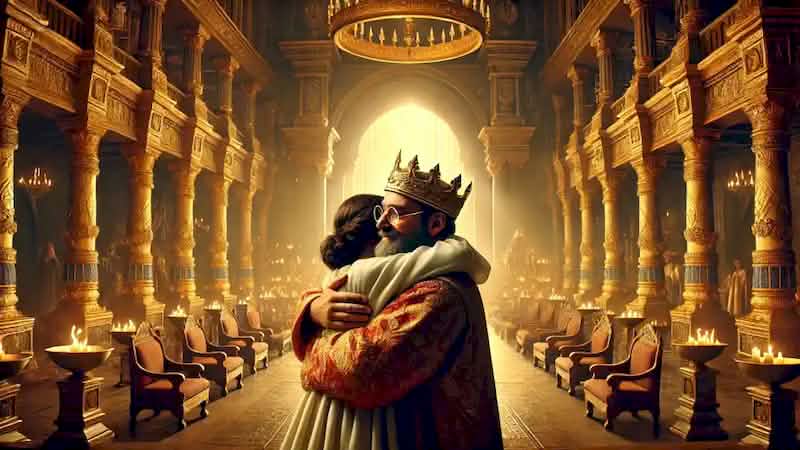 King Midas embraces his daughter, restored to life, in a warm palace setting filled with relief and love.