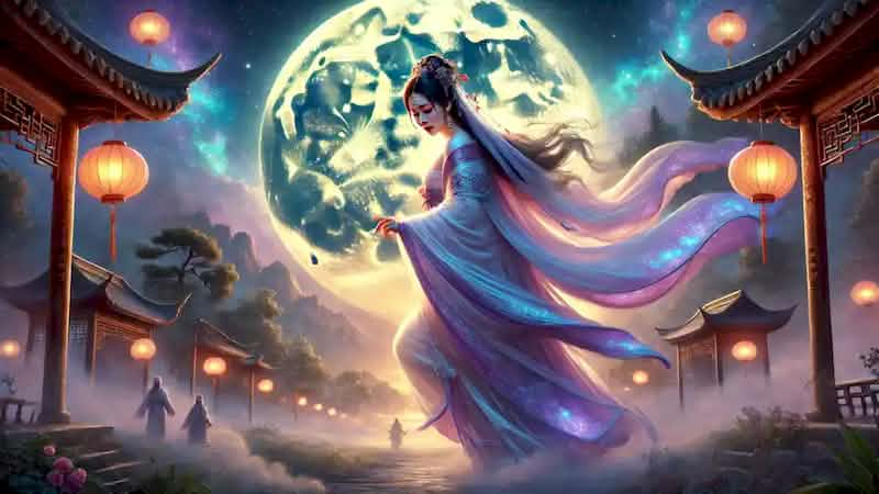 Chang’e ascends to the moon glowing ethereally, villagers watch as lanterns light the twilight countryside.