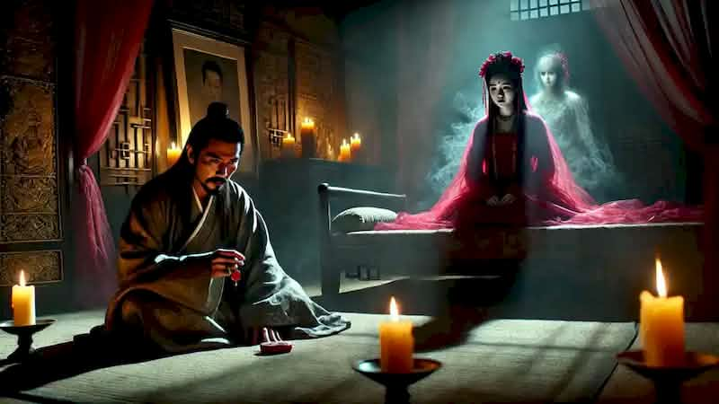 General Wu in terror holding a jade amulet as Meilin’s ghost looms in his dimly lit chamber.