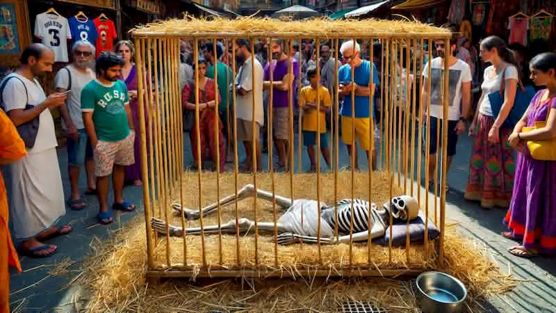 The hunger artist lies on straw inside a cage, watched by a few curious onlookers in a busy marketplace.