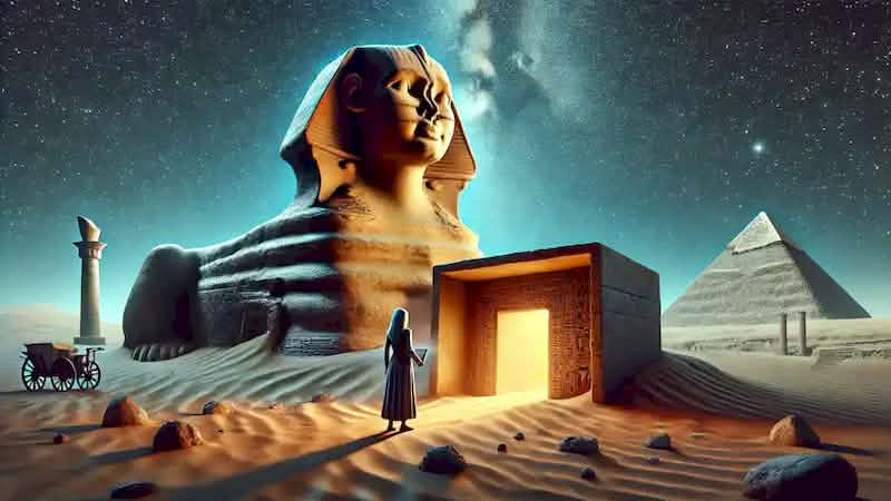 Dr. Lena Hassan uncovers an entrance at the base of the Sphinx, holding a tablet as mystical light glows from the chamber.