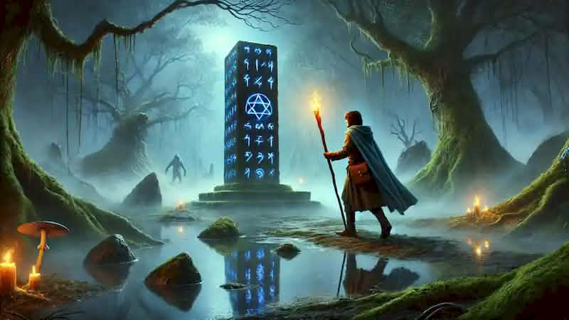 Eliar navigates a misty swamp, holding a glowing staff, with a glowing obelisk rising from the murky surroundings.