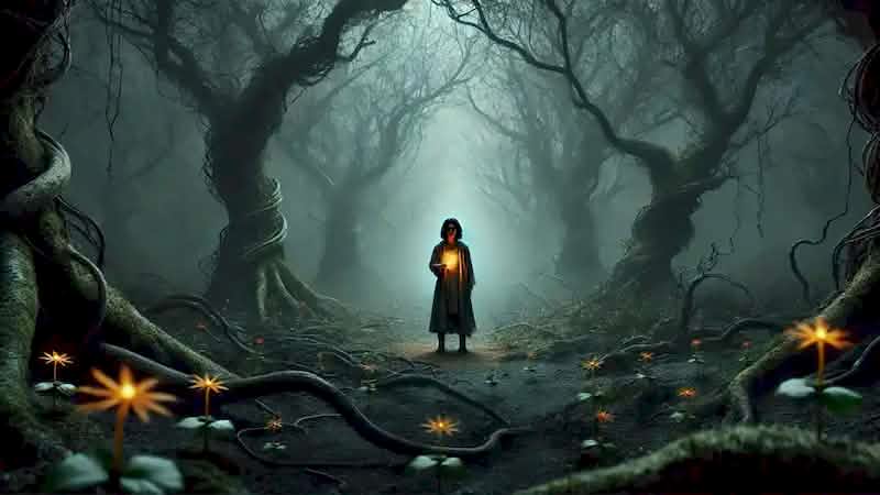 Anahita stands in a dark forest, holding a glowing vial, with flowers blooming around her feet.