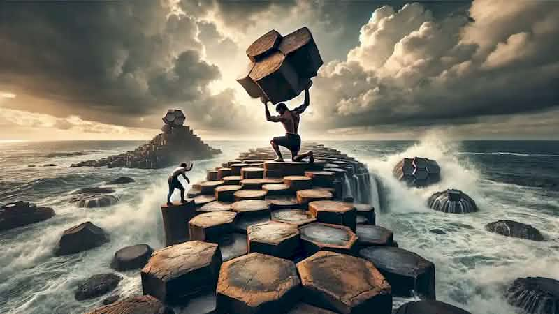 Finn MacCool lifting massive stones to construct the Giant’s Causeway under a cloudy sky with waves crashing against the rocks.