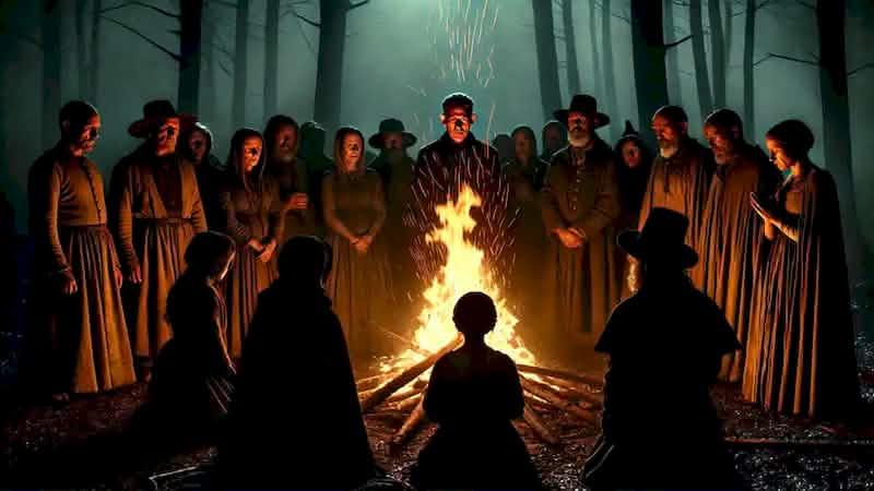 Goodman Brown witnesses a dark ritual in the forest, with familiar villagers and Faith gathered around a fire.