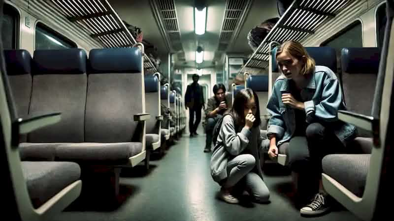 Emma and the girl hide between train seats in a darkened carriage, with a sinister man searching nearby.