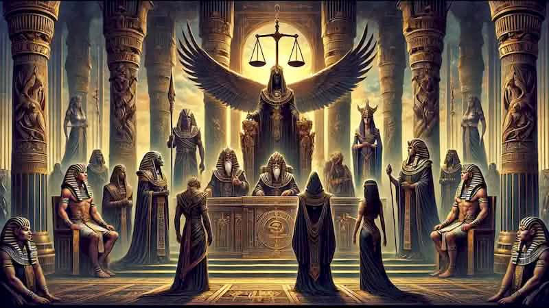 A tribunal of gods judges the rivalry between Set and Horus, with Ma'at presiding over the scales of justice.