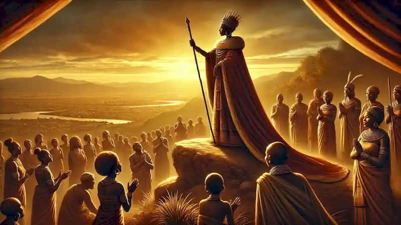 Queen Nzinga in her old age, standing on a high point, overseeing her people gathered below.