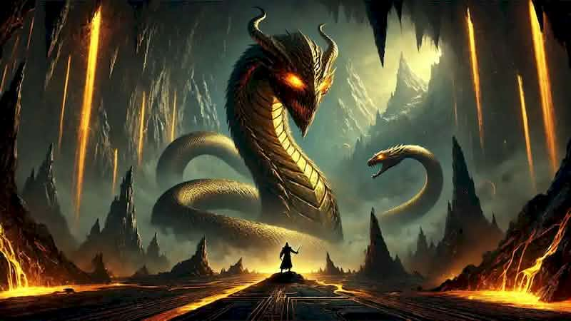 Er Tostik stands defiantly before Ajdahar, the serpent king, in a molten gold-lit cavern deep within a mountain.