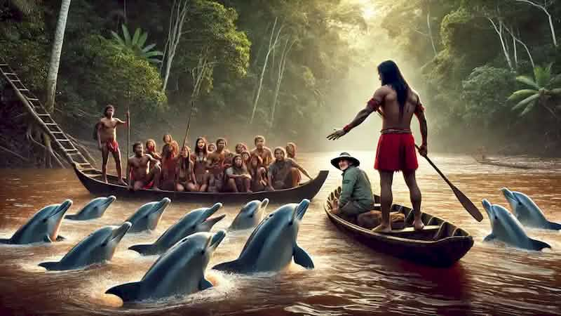 Antônio confronting poachers on the Amazon River as pink dolphins surround their boat, with the rainforest in the background.