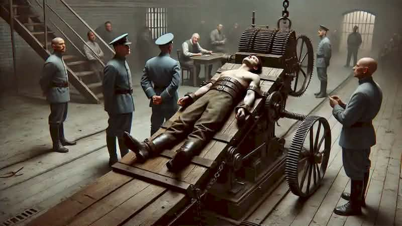 The execution machine begins its grim operation as the Officer watches proudly and the traveler looks away in horror.