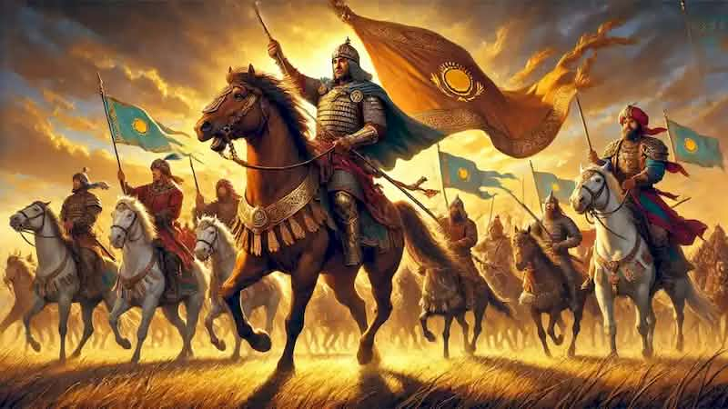 Bakhtiyar Khan leads a united Kazakh confederation on horseback, holding a banner, with warriors riding in formation.