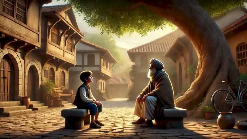 A boy listens attentively to a wise man on a bench in a peaceful village square, bathed in warm sunlight.