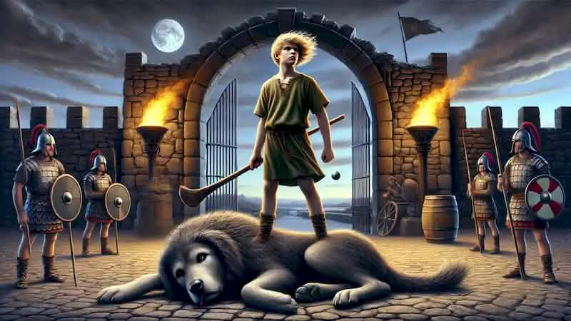 Cú Chulainn standing over the defeated hound of Culann, with a torch-lit entrance and a twilight sky in the background.