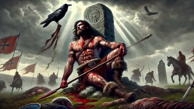 Cú Chulainn tied to a standing stone in his final moments, with a raven perched on his shoulder and a stormy battlefield around him.