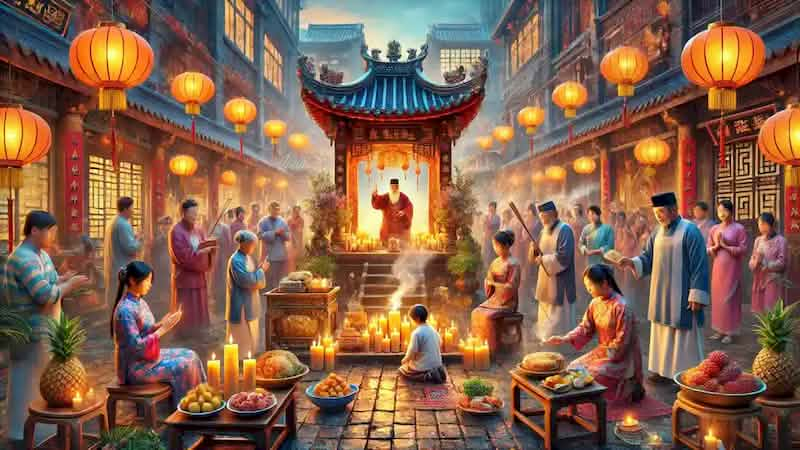 Families gather at altars with food and incense, while a Taoist priest conducts rituals during the Hungry Ghost Festival