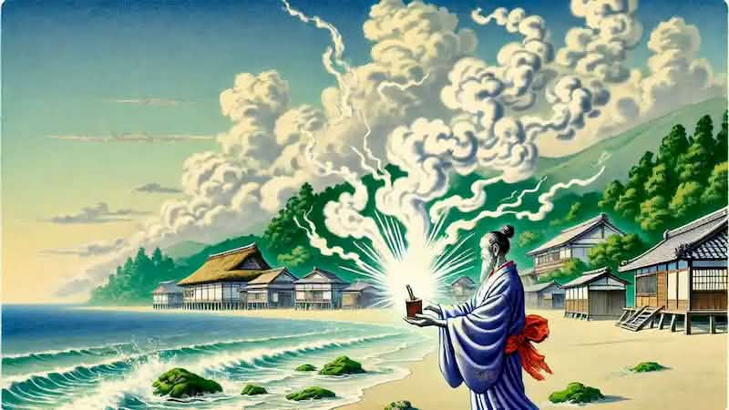 Urashima Taro opening the tamatebako on the shore, releasing a cloud of white smoke.