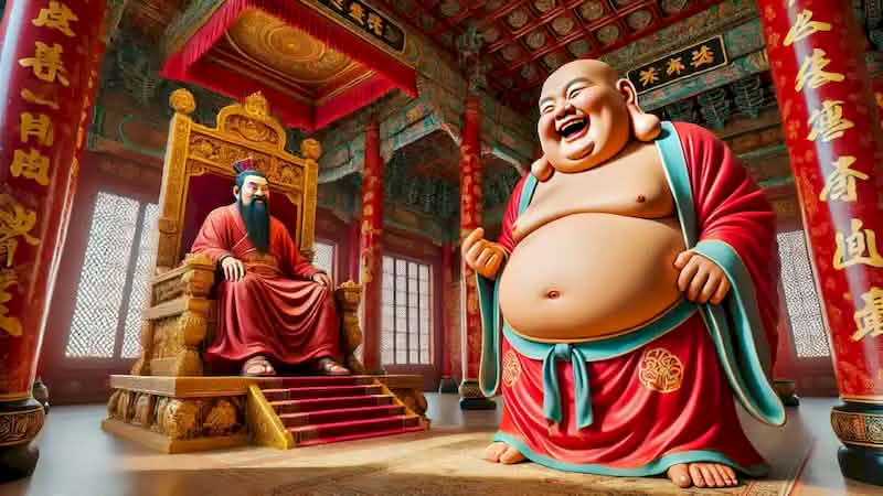 The Laughing Buddha stands before the emperor in a grand hall, sharing his wisdom while smiling warmly.