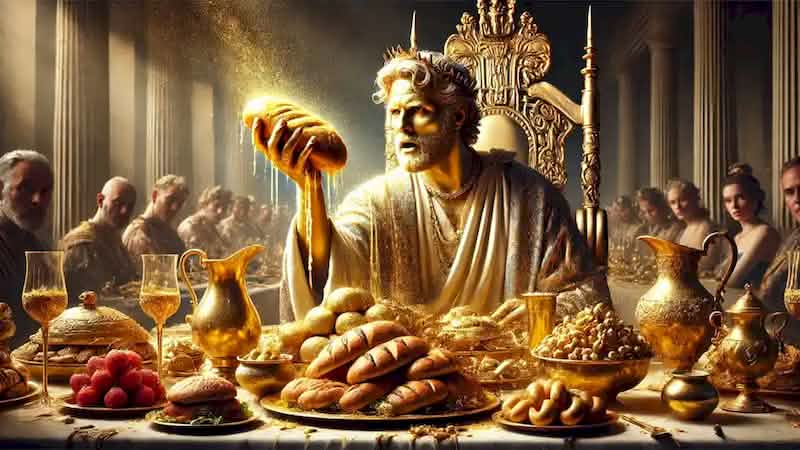 King Midas at a banquet, turning food and drink into gold with his touch, realizing the curse of his gift.