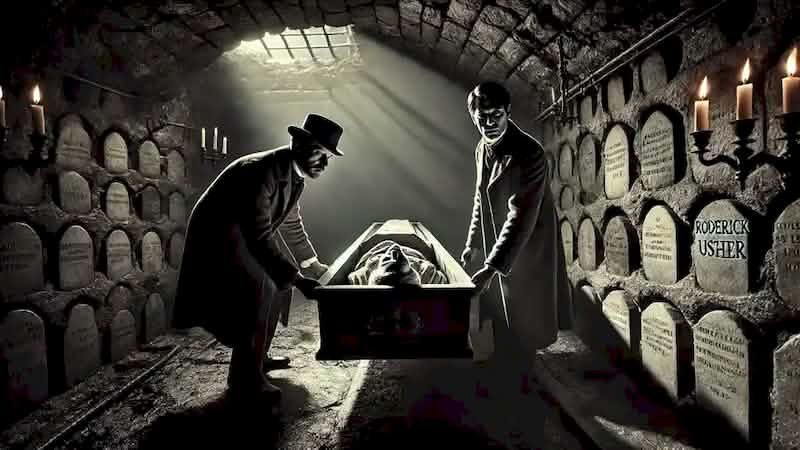 Roderick Usher and the narrator lower Madeline Usher’s coffin into a dark, damp vault beneath the mansion.