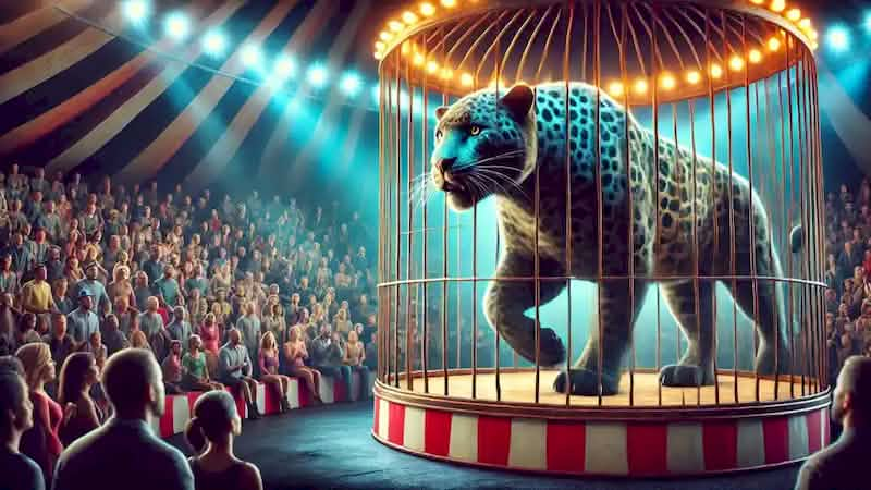 A powerful panther paces inside a cage at the circus, surrounded by an excited crowd of onlookers.