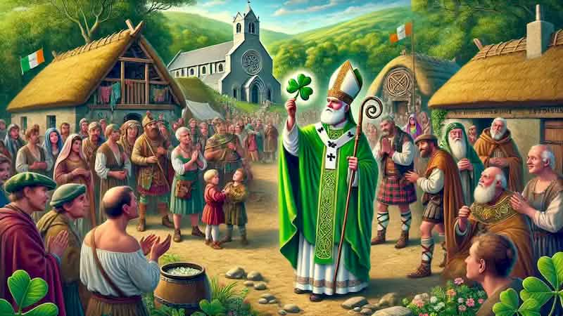 St. Patrick holds a shamrock, explaining the Trinity to curious villagers in an Irish village surrounded by greenery.