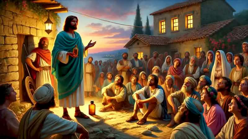 Alexios addresses villagers in a rustic square, sharing wisdom from the Island of the Blessed while holding a vial of ambrosia.