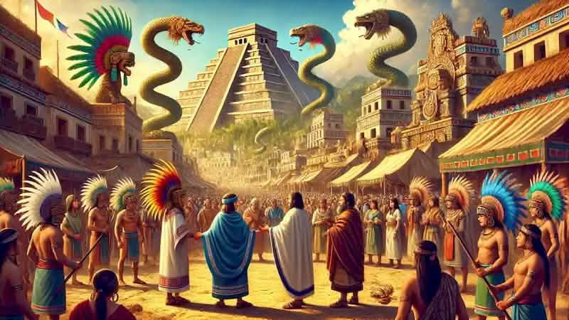 Aztlan leaders engage with Toltecs in a vibrant city adorned with pyramids and serpent sculptures, symbolizing cultural exchange.