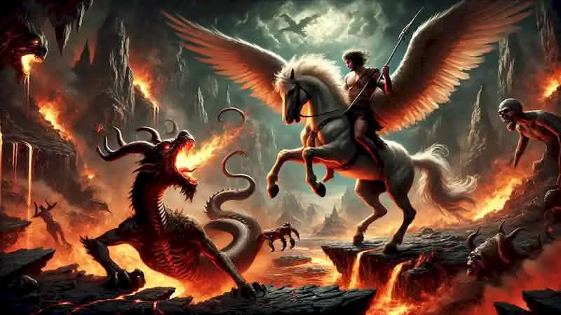  Bellerophon battles the Chimera on Pegasus, with fire and smoke swirling in a rocky canyon.