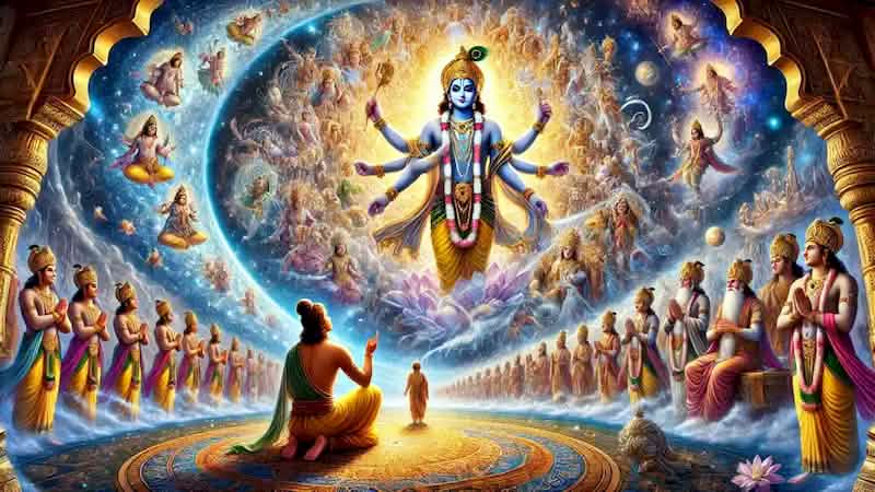 Krishna reveals his universal form to Arjuna, showing the cosmos and divine beings radiating with power and light.