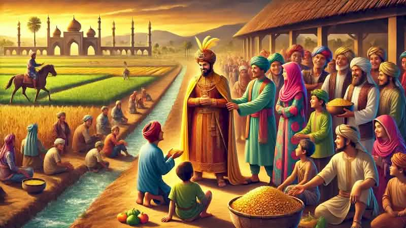 The Sultan, humbled, distributing food and gold to villagers in a prosperous village with joyful people and lush fields.