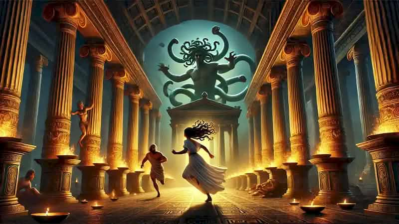 Poseidon’s pursuit of Medusa inside Athena’s sacred temple with ornate columns and golden oil lamp light.