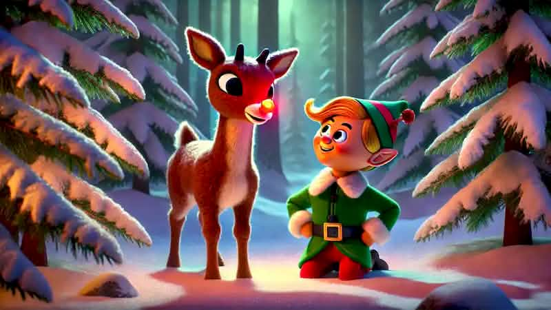 Rudolph meets Hermey in a snowy forest; Hermey is cheerful, and Rudolph's glowing nose lights up the snow.