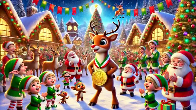 Rudolph stands proudly at a North Pole celebration, surrounded by Santa, elves, and reindeer under glowing Christmas lights.