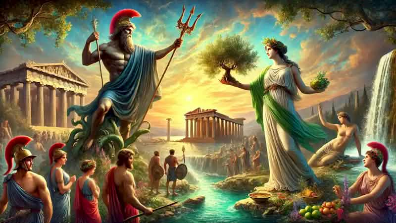 Athena and Poseidon compete for Athens' patronage, presenting their gifts to awe-struck citizens near the Parthenon.